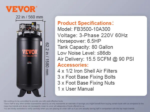 Compresor de aire VEVOR de 80 galones con especificaciones y accesorios mostrados. Dimensiones del tanque: 62,2 pulgadas x 22 pulgadas.