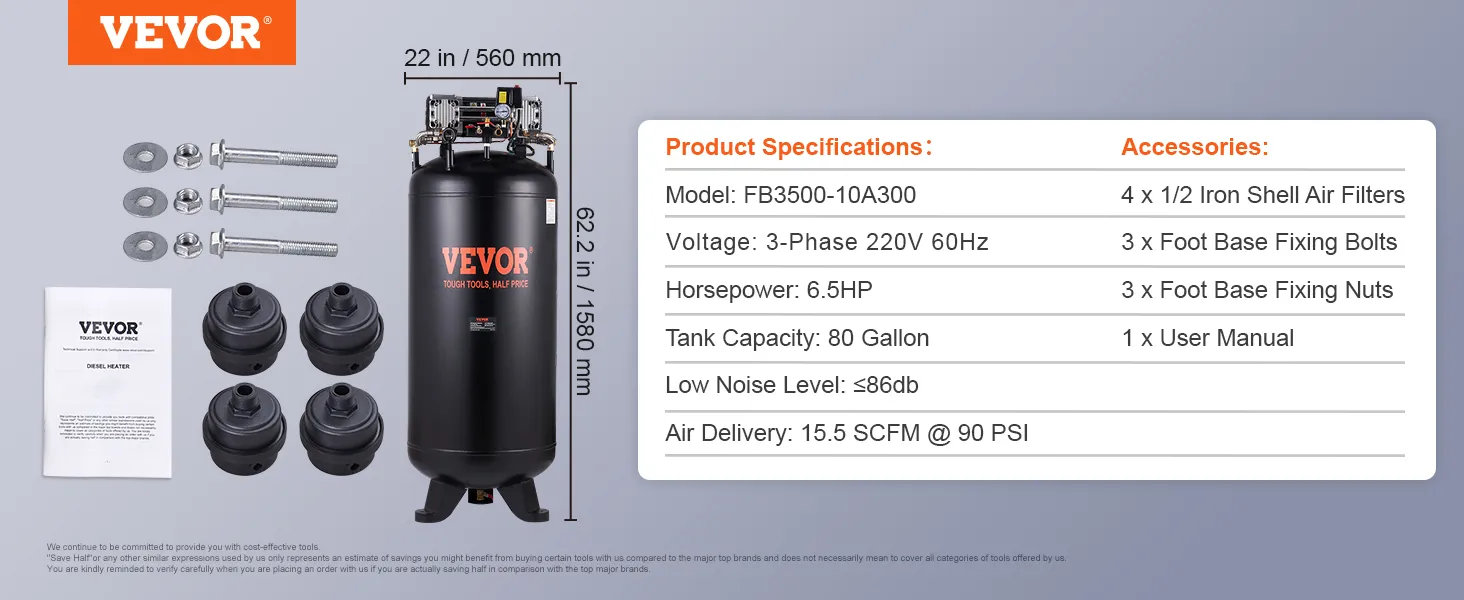 Compresor de aire VEVOR de 80 galones con especificaciones y accesorios mostrados. Dimensiones del tanque: 62,2 pulgadas x 22 pulgadas.