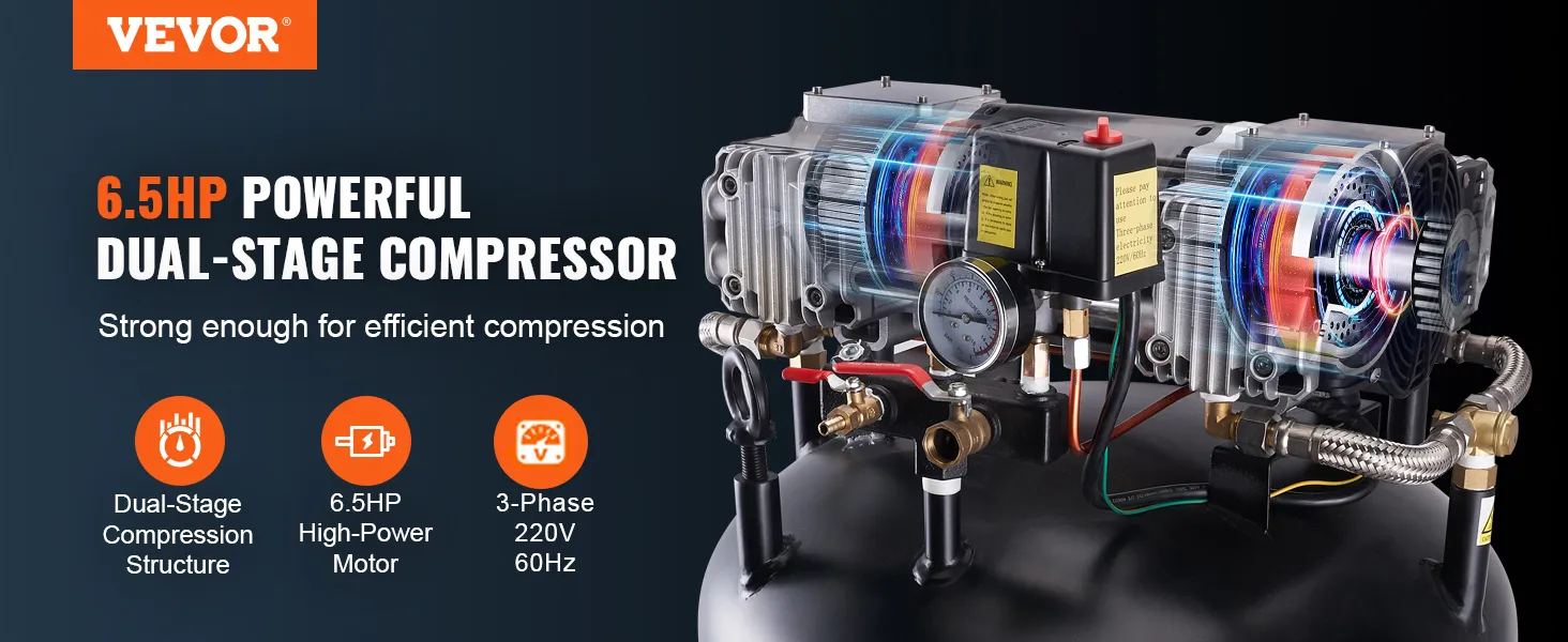 Compresor de aire VEVOR de 80 galones, 6,5 hp, motor de doble etapa, alta potencia, compresión eficiente.