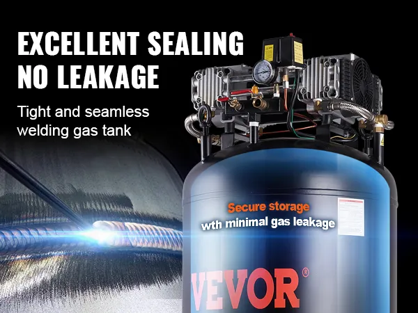 Compresor de aire VEVOR de 80 galones con tanque de gas de soldadura sin costura para un almacenamiento seguro y con mínimas fugas.