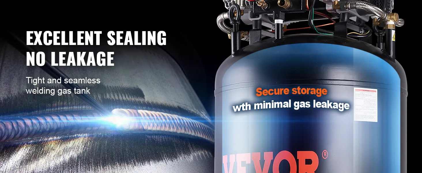 Compresor de aire VEVOR de 80 galones con tanque de gas de soldadura sin costura para un almacenamiento seguro y con mínimas fugas.