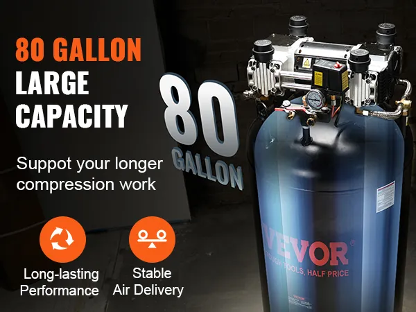 Compresor de aire VEVOR de 80 galones que destaca por su gran capacidad, rendimiento duradero y suministro de aire estable.