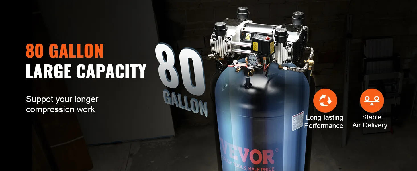 Compresor de aire VEVOR de 80 galones que destaca por su gran capacidad, rendimiento duradero y suministro de aire estable.