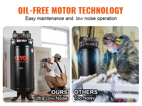Compresor de aire VEVOR de 80 galones con tecnología de motor sin aceite para un fácil mantenimiento y bajo nivel de ruido.