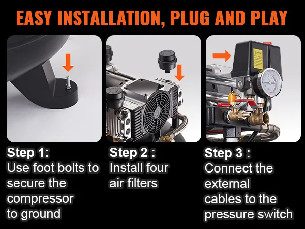 Pasos de instalación para el compresor de aire VEVOR de 80 galones: atornillar al suelo, instalar filtros de aire, conectar los cables.