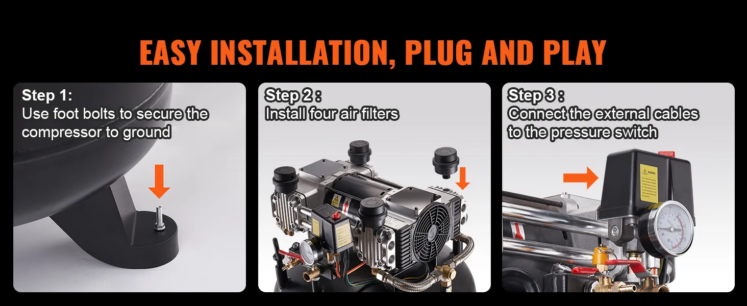 Pasos de instalación para el compresor de aire VEVOR de 80 galones: atornillar al suelo, instalar filtros de aire, conectar los cables.