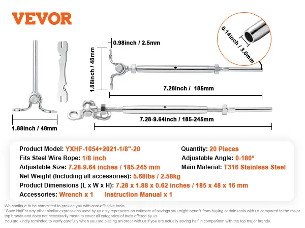 VEVOR stainless steel cable railing kit, 20 pieces, 1/8 inch rope, t316 stainless steel, adjustable length.