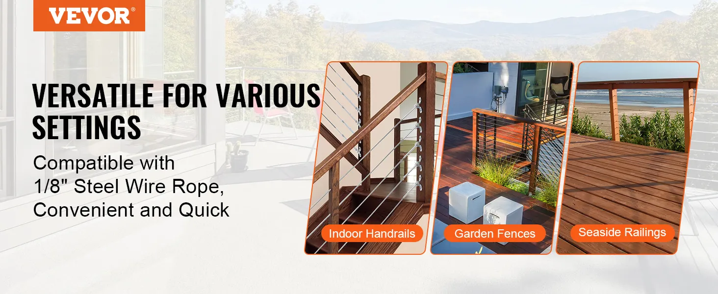 VEVOR stainless steel cable railing kit for indoor handrails, garden fences, and seaside railings.