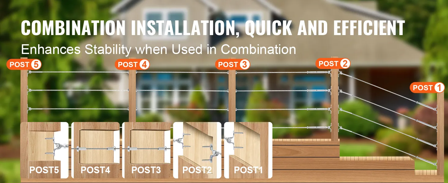 VEVOR stainless steel cable railing kit installation steps with labeled posts for enhanced stability.