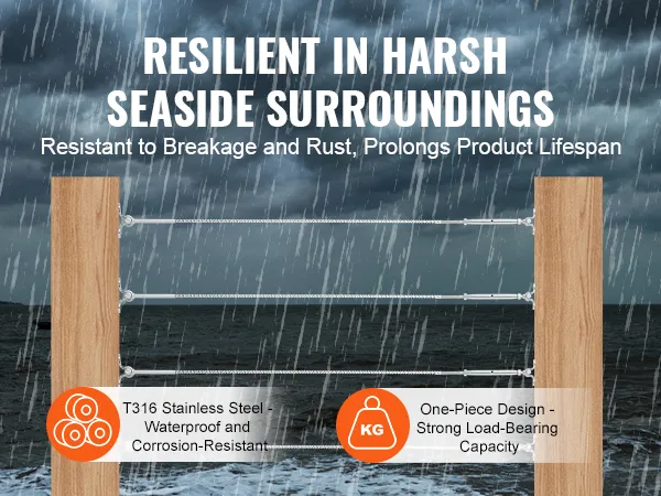 VEVOR stainless steel cable railing kit in a stormy seaside setting, highlighting durability and rust resistance.