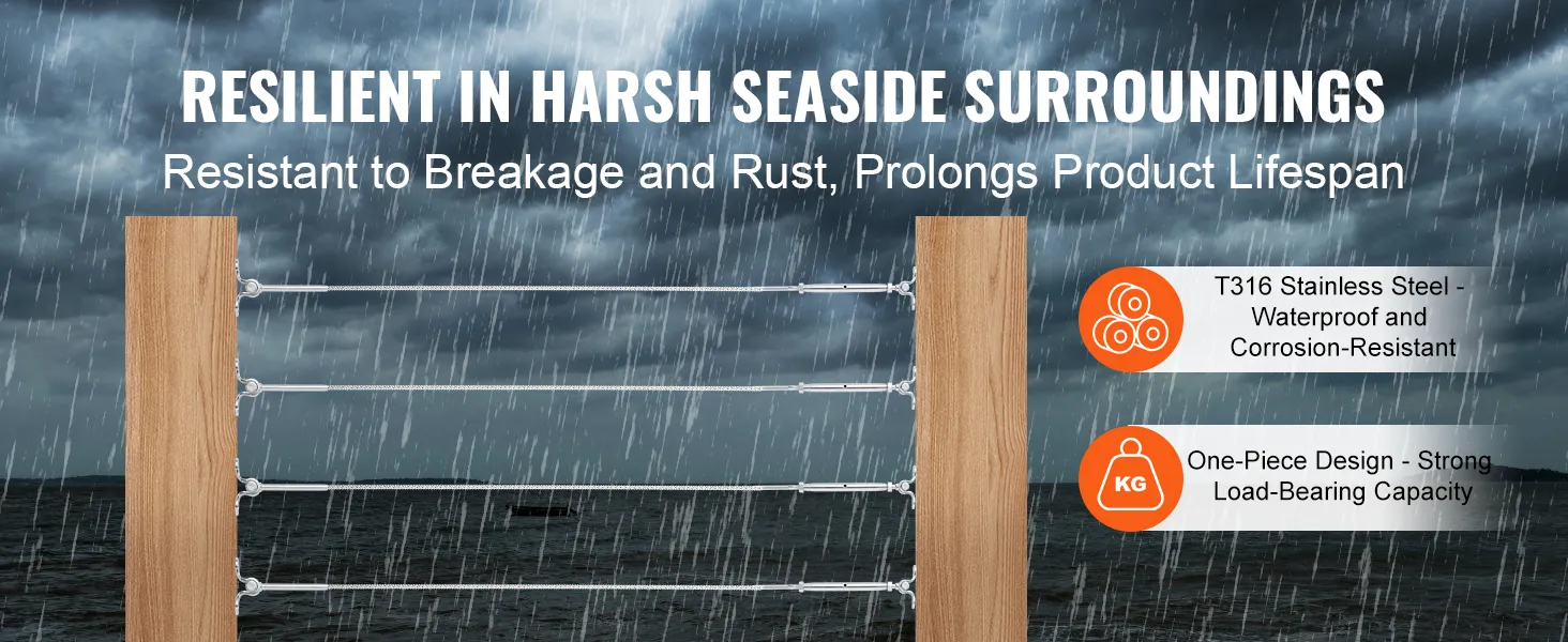 VEVOR stainless steel cable railing kit in a stormy seaside setting, highlighting durability and rust resistance.