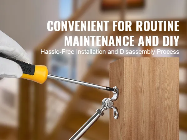 person using a screwdriver to adjust the VEVOR stainless steel cable railing kit with wooden post background.