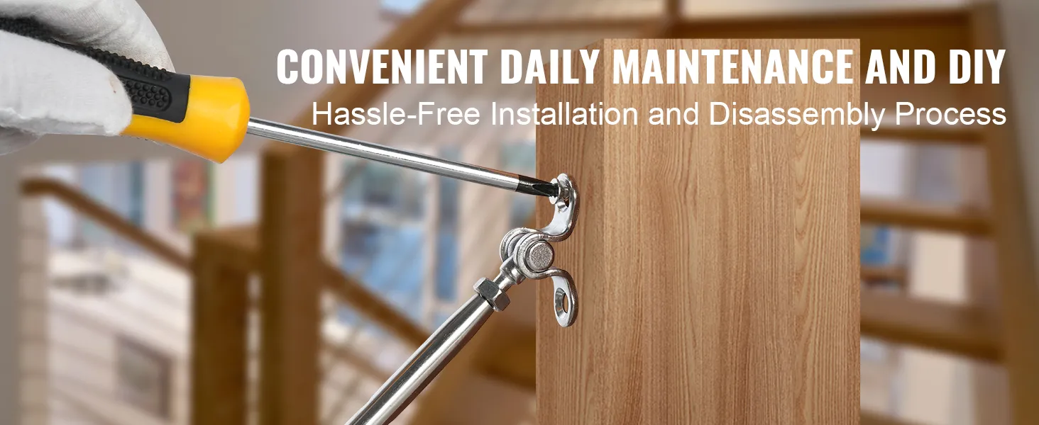 person using a screwdriver to adjust the VEVOR stainless steel cable railing kit with wooden post background.