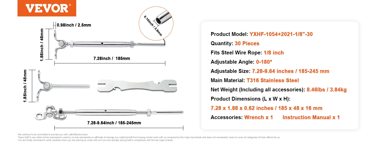 VEVOR stainless steel cable railing kit specifications; 30 pieces, fits 1/8 inch wire rope, adjustable, t316 steel.