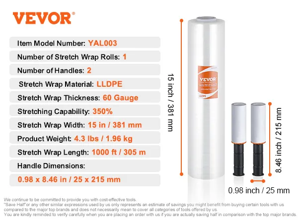Folia stretch VEVOR z 2 uchwytami, szerokość 15 cali, grubość 60 G i długość 1000 stóp.