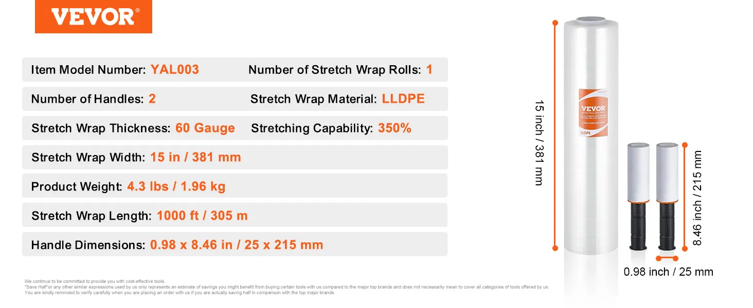 Folia stretch VEVOR z 2 uchwytami, szerokość 15 cali, grubość 60 G i długość 1000 stóp.