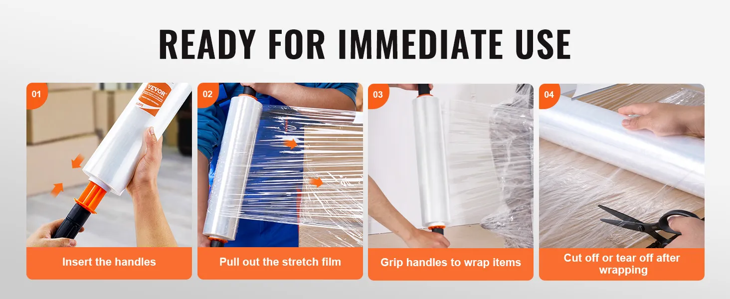 Instrukcja użycia folii stretch VEVOR: włóż uchwyty, wyciągnij folię, owiń przedmioty, odetnij lub oderwij folię.