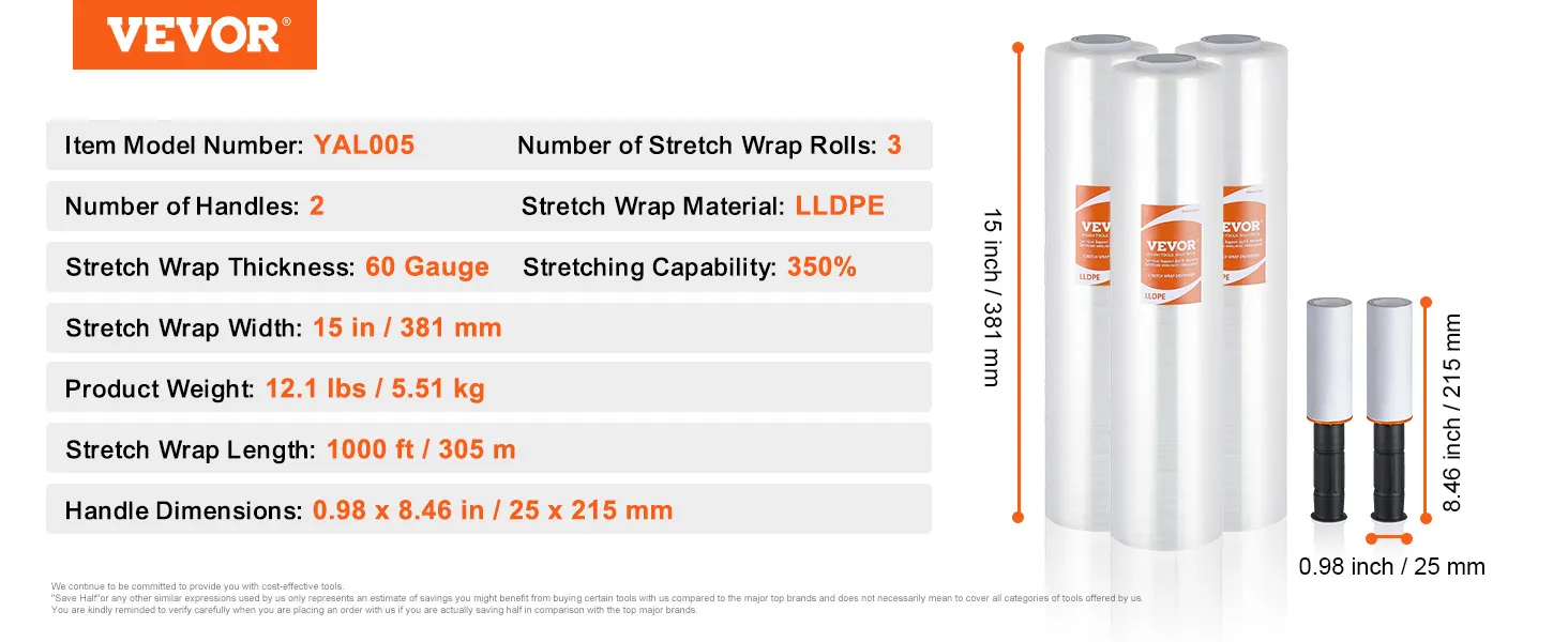 VEVOR stretch film, model yal005, 3 rolls, 60 gauge, 15 in width, 1000 ft length, 2 handles included.