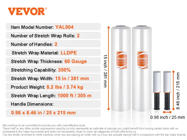 VEVOR stretch film yal004: 2 rolls, 15in width, 60 gauge, 1000ft length, lldpe material, 350% stretch.