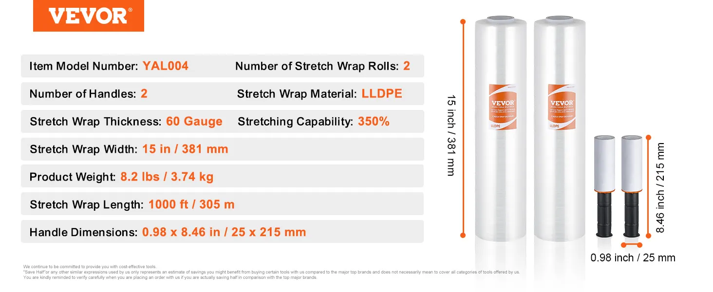 VEVOR stretch film yal004: 2 rolls, 15in width, 60 gauge, 1000ft length, lldpe material, 350% stretch.