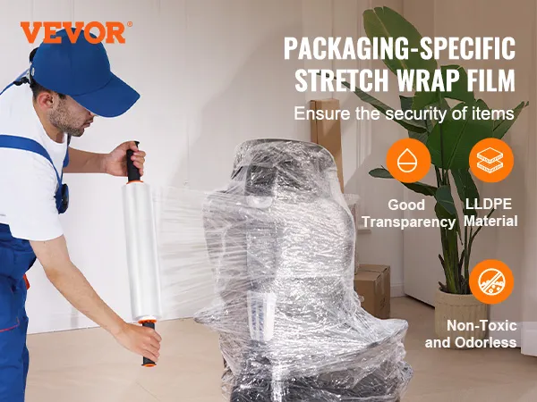 worker wrapping items with VEVOR stretch film for secure packaging; features lldpe material, transparency.
