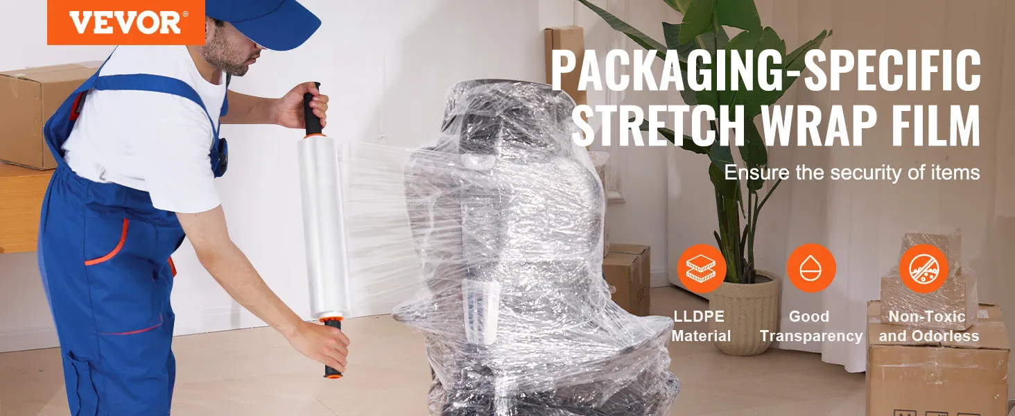 worker wrapping items with VEVOR stretch film for secure packaging; features lldpe material, transparency.