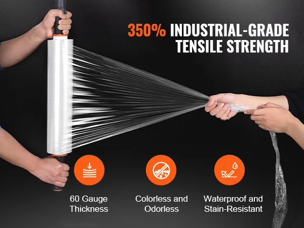 350% industrial-grade tensile strength VEVOR stretch film held by two people, icons below.