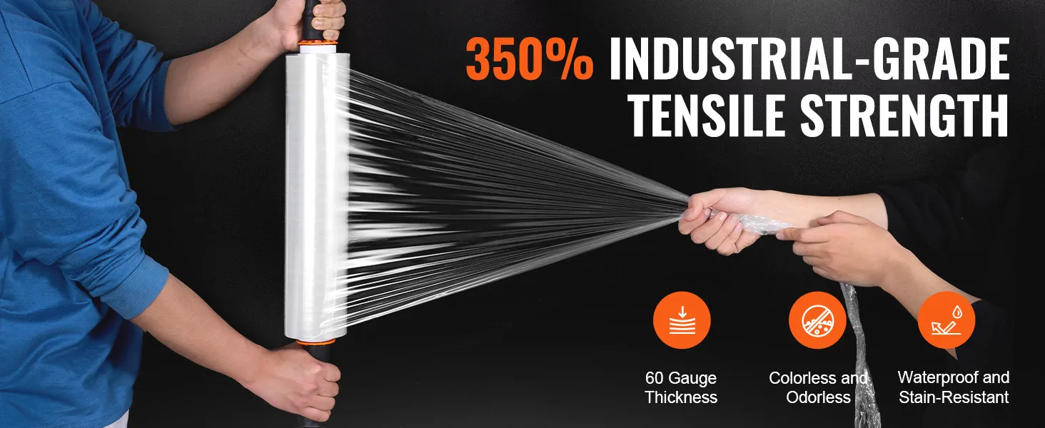 350% industrial-grade tensile strength VEVOR stretch film held by two people, icons below.