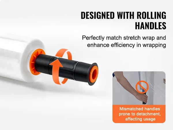 VEVOR stretch film with rolling handles for efficient wrapping, preventing handle detachment.