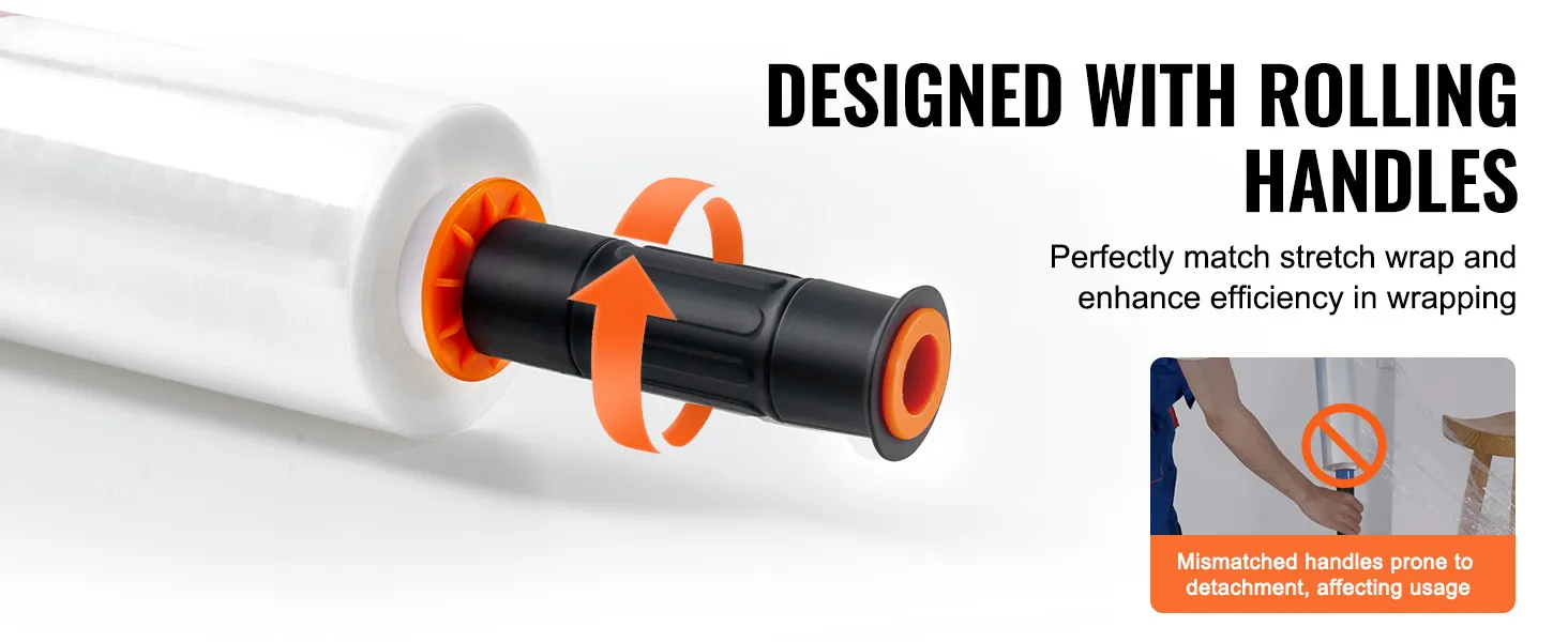 VEVOR stretch film with rolling handles for efficient wrapping, preventing handle detachment.