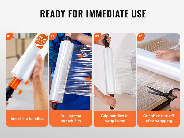 VEVOR stretch film usage steps: insert handles, pull out film, grip to wrap items, cut or tear off after.