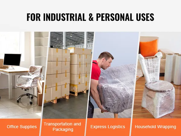 VEVOR stretch film usage in industrial transport, office supplies, express logistics, and household wrapping.