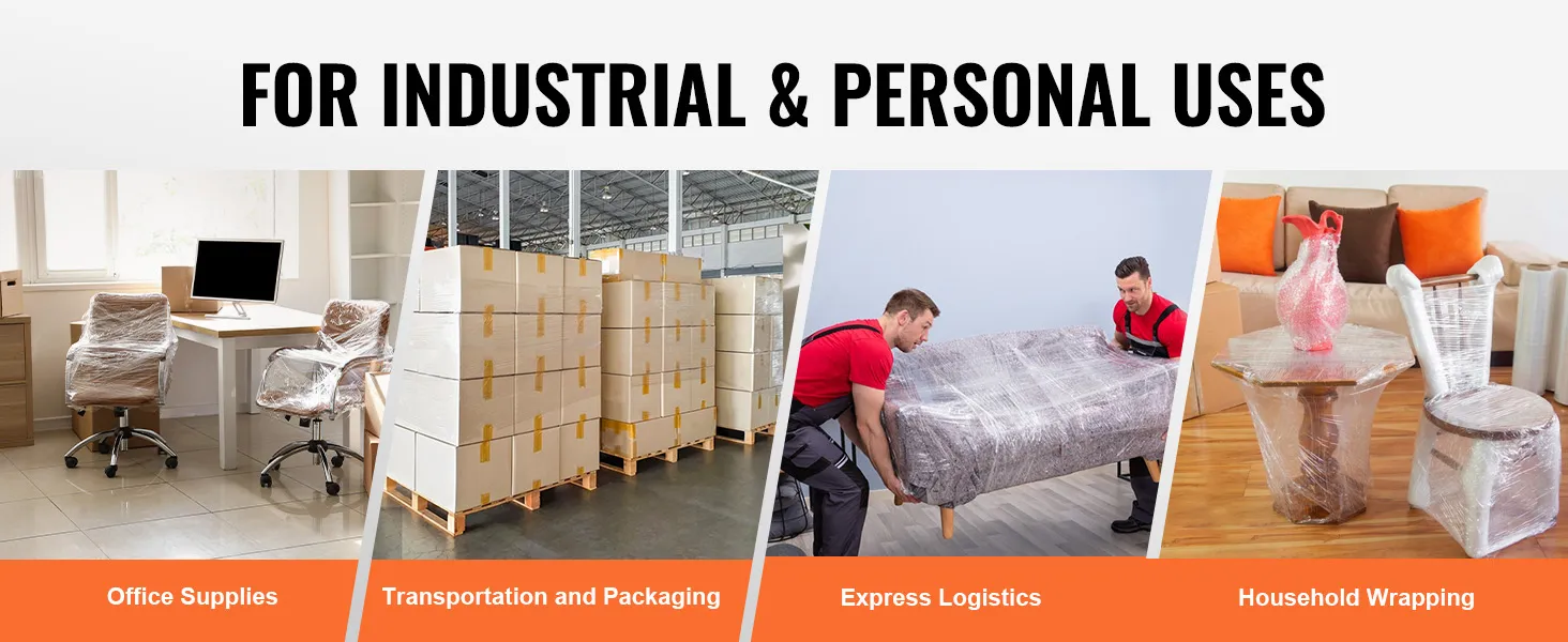 VEVOR stretch film usage in industrial transport, office supplies, express logistics, and household wrapping.