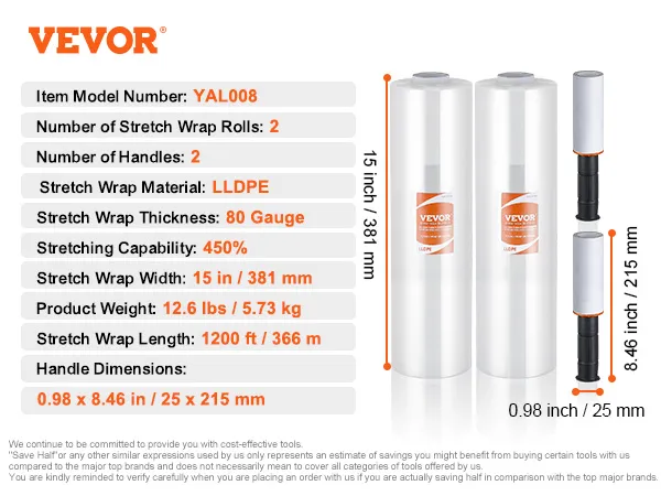 VEVOR stretch film with 2 rolls, 2 handles, 15 in width, 80 gauge thickness, and 450% stretching capability