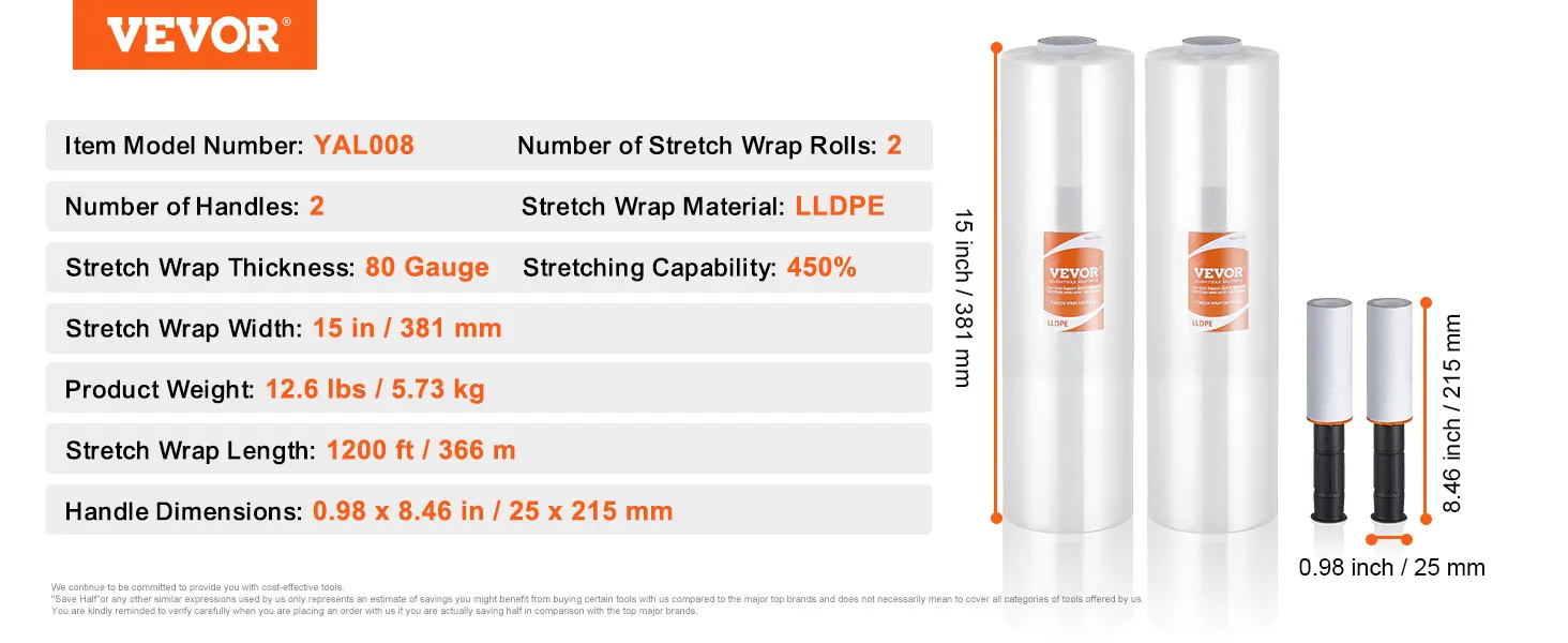 VEVOR stretch film with 2 rolls, 2 handles, 15 in width, 80 gauge thickness, and 450% stretching capability
