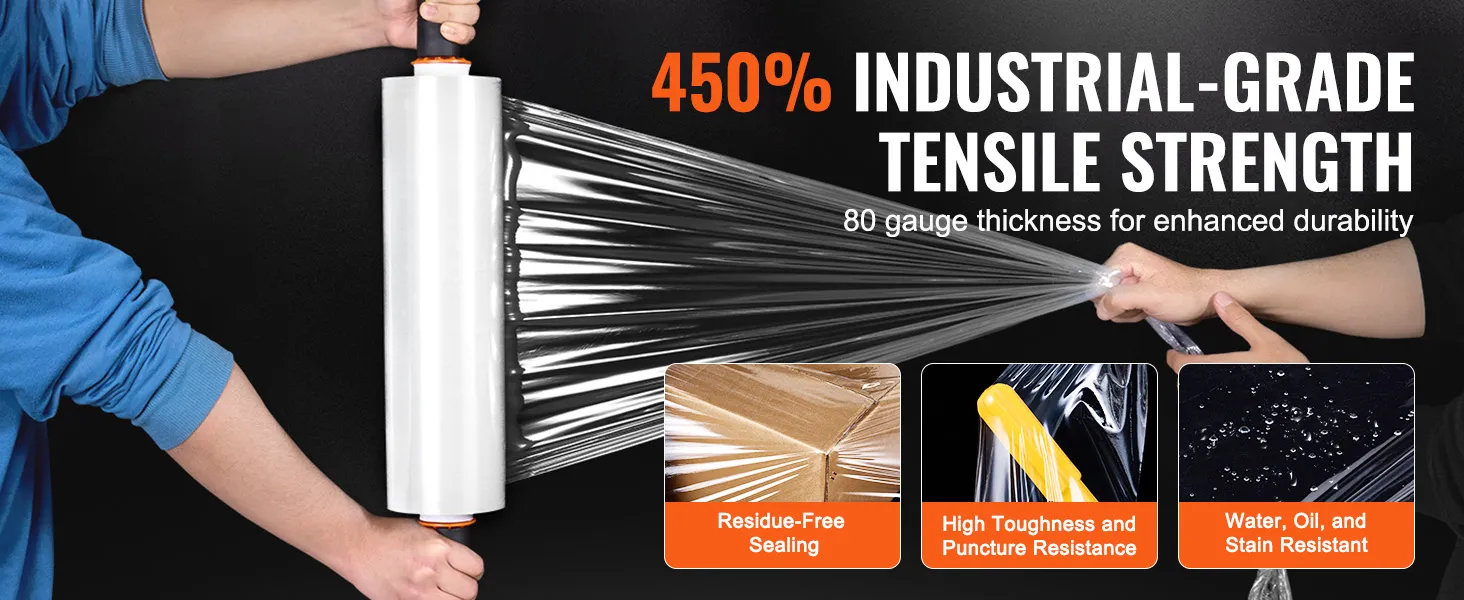 VEVOR stretch film showcasing 450% industrial-grade tensile strength, high toughness, and puncture resistance.
