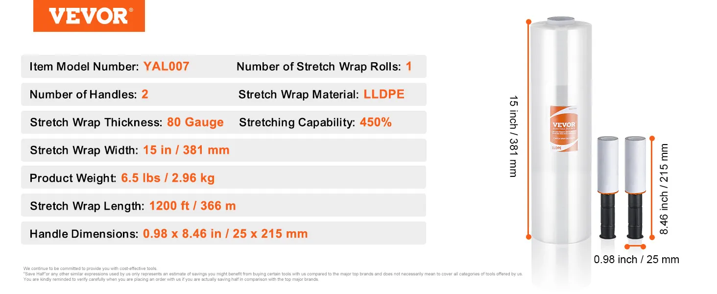 VEVOR stretch film, model yal007, 15 in width, 1200 ft length, 80 gauge thickness, 2 handles included.
