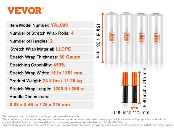 VEVOR stretch film yal009: 4 rolls, 2 handles, 80 gauge, 15-inch width, 1200 ft length, lldpe material.