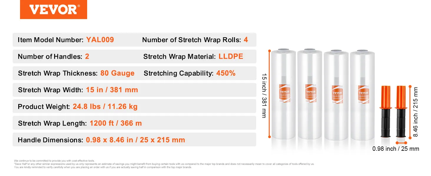 VEVOR stretch film yal009: 4 rolls, 2 handles, 80 gauge, 15-inch width, 1200 ft length, lldpe material.