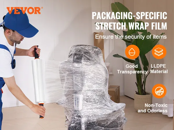 worker wrapping items with VEVOR stretch film, highlighting lldpe material, transparency, and non-toxic features.