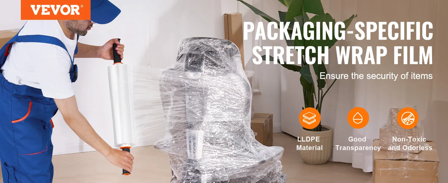 worker wrapping items with VEVOR stretch film, highlighting lldpe material, transparency, and non-toxic features.