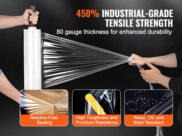 VEVOR stretch film with 450% industrial-grade tensile strength, 80 gauge thickness for durability.