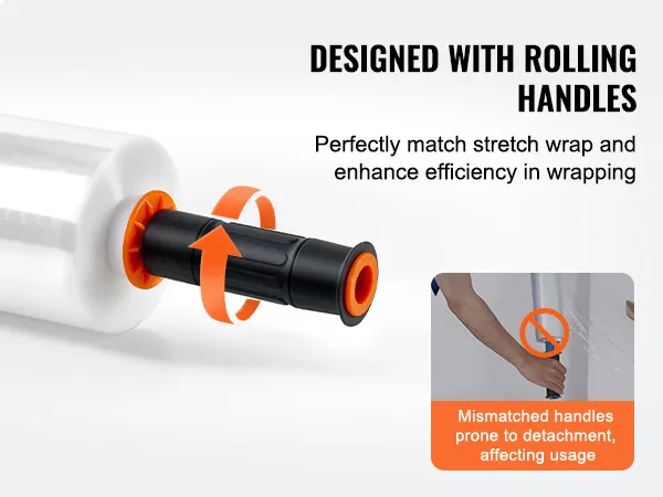 VEVOR stretch film with rolling handles for efficient wrapping, featuring a black and orange design.