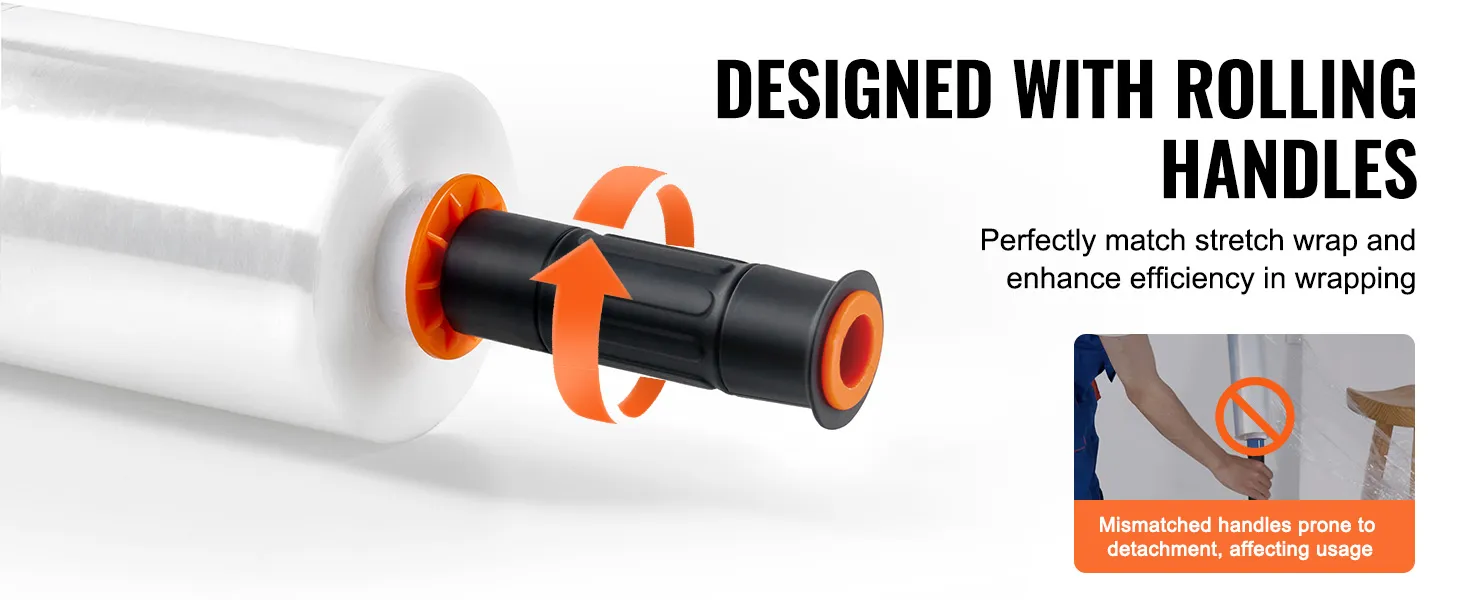 VEVOR stretch film with rolling handles for efficient wrapping, featuring a black and orange design.