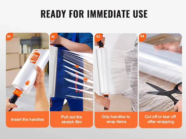 ready-to-use VEVOR stretch film with step-by-step instructions: insert handles, pull, wrap, and cut off.