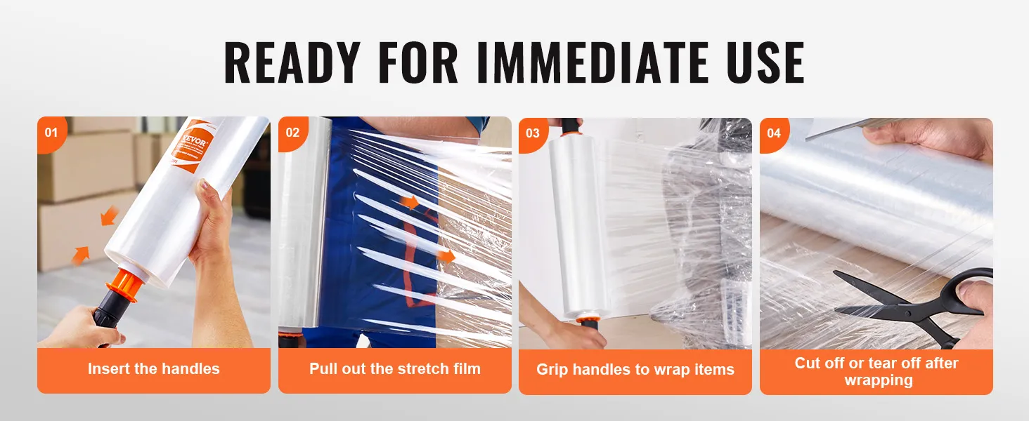 ready-to-use VEVOR stretch film with step-by-step instructions: insert handles, pull, wrap, and cut off.