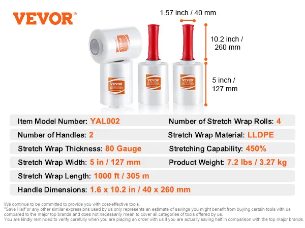 details of VEVOR stretch film rolls and handles with key product specifications and dimensions.