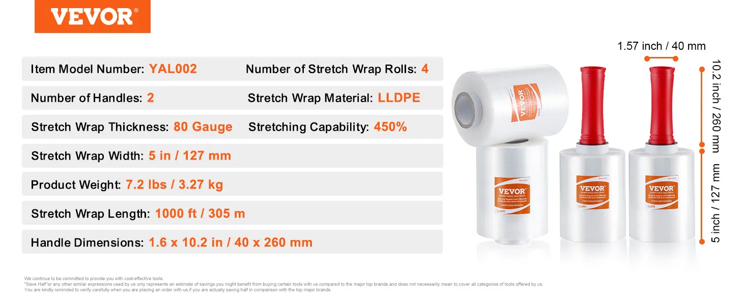 details of VEVOR stretch film rolls and handles with key product specifications and dimensions.