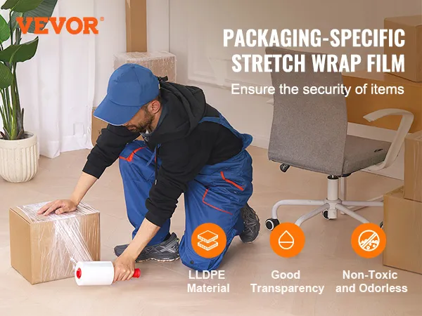 worker packaging box with VEVOR stretch film, highlighting lldpe material, good transparency, non-toxic.