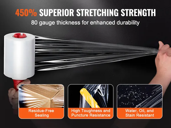 450% superior stretching VEVOR stretch film with 80 gauge thickness, residue-free sealing, puncture resistance.